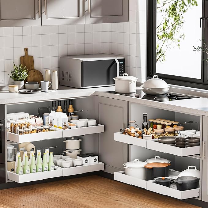 2 Pack Pull Out Cabinet Organizer, Slide Out Drawer Expandable Width (12"-19") and Depth (17"-23") With 3 Slides, Fixed with Adhesive Film or Nail for Cabinets in Kitchen, Pantry or Bathroom