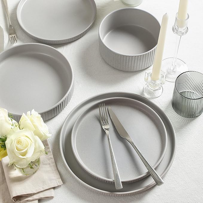 Stone Lain Haven Stoneware 16-Piece Dinnerware Set, Plates and Bowls Sets for 4, Grey Dish Set, Includes Dinner and Salad Plates, Cereal Bowls, Glassware, Microwave & Dishwasher Safe