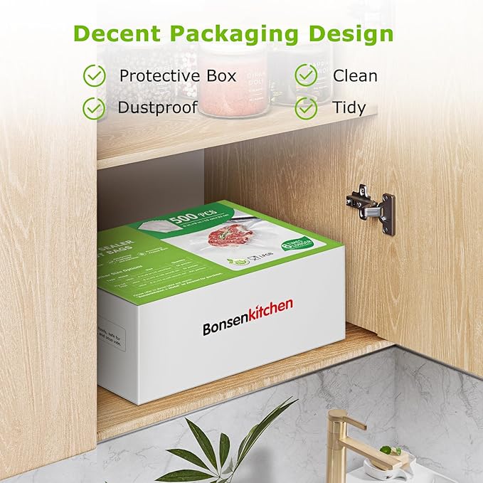 Bonsenkitchen Precut Vacuum Sealer Bags, 500 Pint 6" x 9" Food Sealer Bags,Commercial Grade, BPA Free, Heavy Duty, Customized Size Vacuum Bags for Vac Storage, Meal Prep or Sous Vide Cooking, VB11