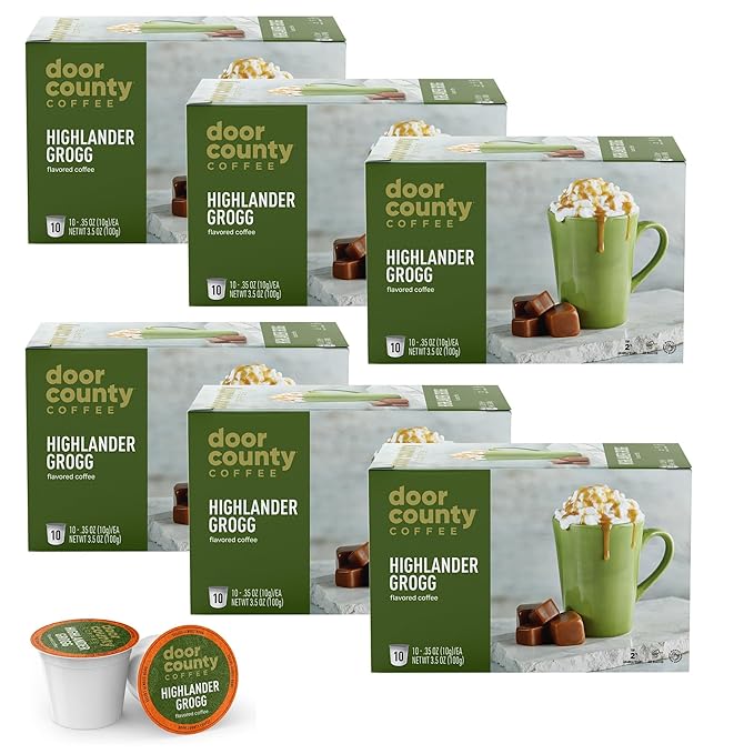 Door County Coffee Highlander Grogg Flavored Ground - 60 Count Single Serve Cups - Medium Roast - 100% Specialty Arabica - Flavored Gourmet - Caramel & Irish Cream
