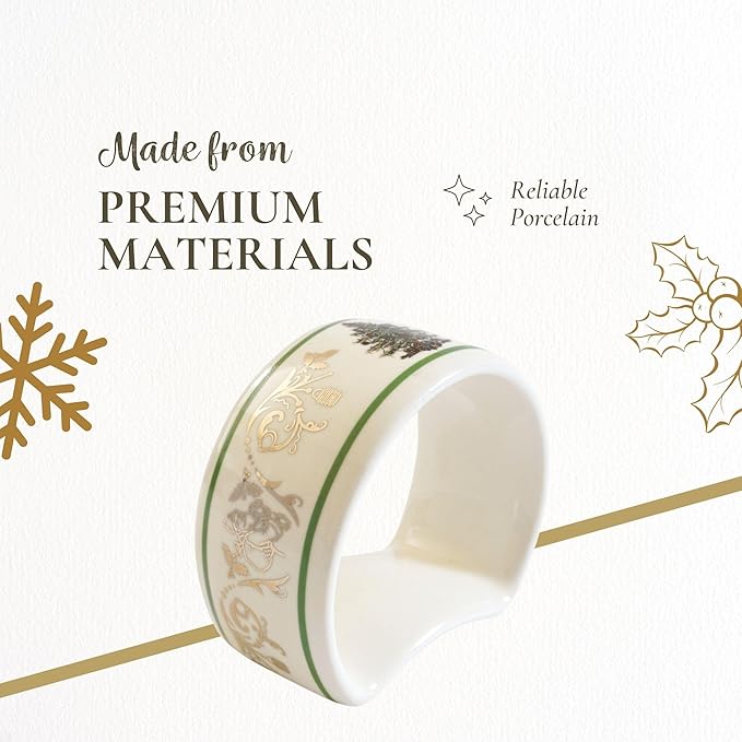 Spode Christmas Tree Gold 2.75" Napkin Ring (Set of 4) - Elegant 22K Gold Accented Holiday Napkin Rings, Fine Porcelain Christmas Table Setting Décor - Ideal for Holiday Dinnerware & Festive Gifting