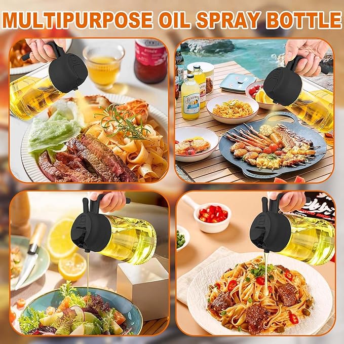 2-in-1 Glass Oil Dispenser & Sprayer - 16oz/470ml Leakproof Bottle for Cooking, Air Fryer, BBQ, Baking, Salad (Transparent Black 1PC)