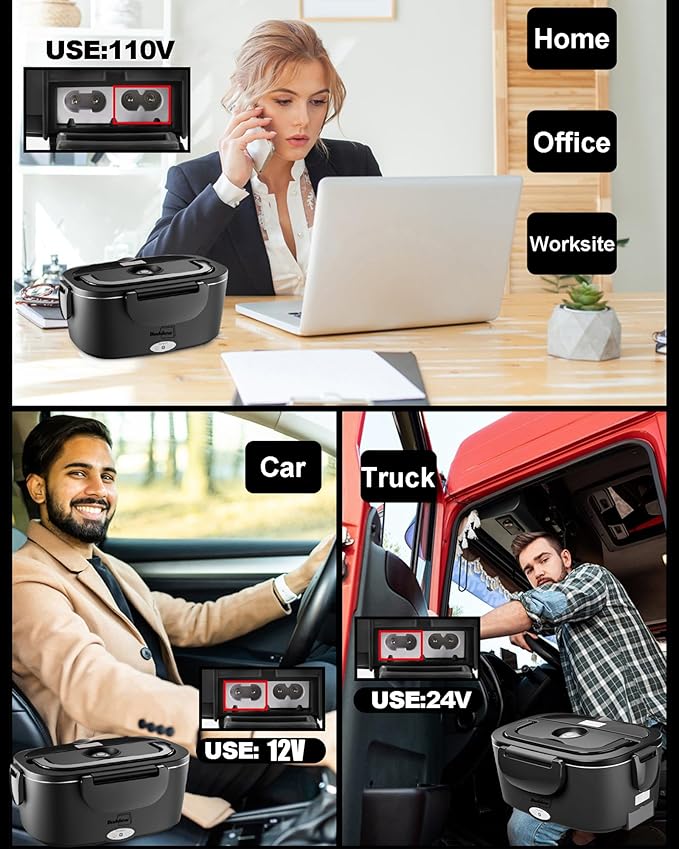 Buddew Electric Lunch Box for Adults, 80W Heated Lunch Box with Dual 1.5L Stainless Steel Portable Food Warmer,12/24/110V Lonchera Electrica Portatil for Travel&Work, Loncheras para Hombres de Trabajo