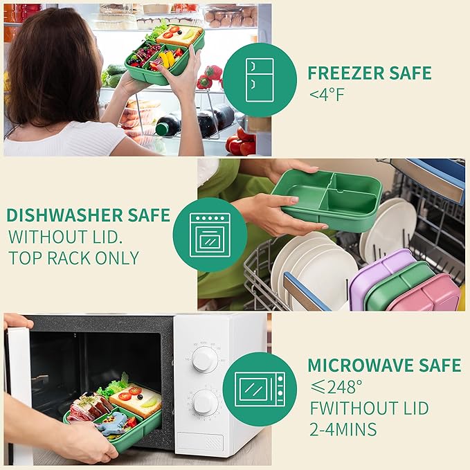 Wheat Straw Adult Lunch Box, Leakproof Bento Box for Kids, BPA-Free Microwave Safe Lunch Containers with 3 Compartments (Green, 5.5 cup)