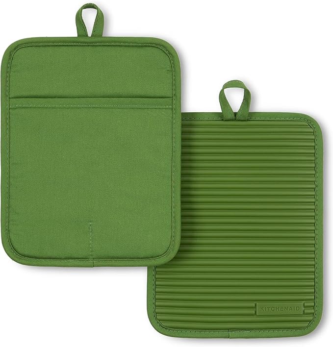 KitchenAid Ribbed Soft Silicone Pot Holder 2-Pack Set, Matcha, 7"x9"