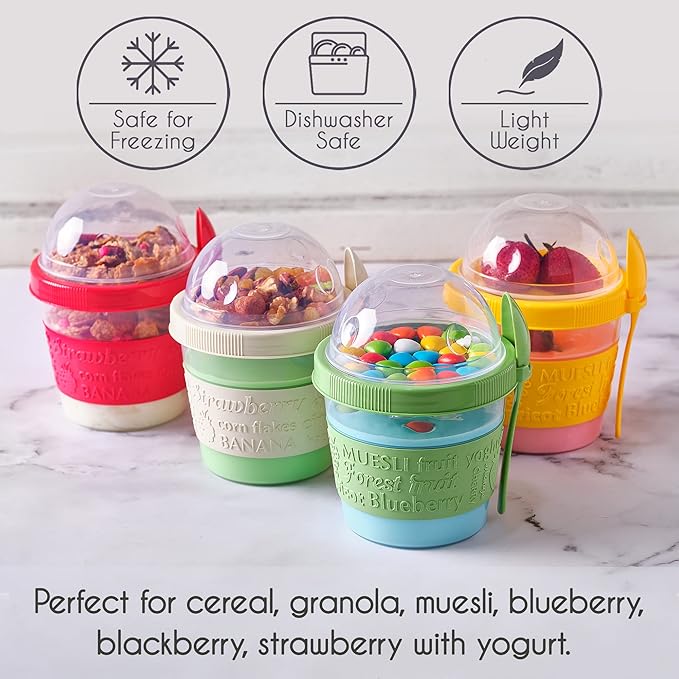 Crystalia Yogurt Parfait Cups with Lids, Mini Breakfast On the Go Plastic Bowls with Topping Cereal Oatmeal Container with Spoon for Lunch, Portable & Reusable, Colorful Set of 4 (Small 17 oz)