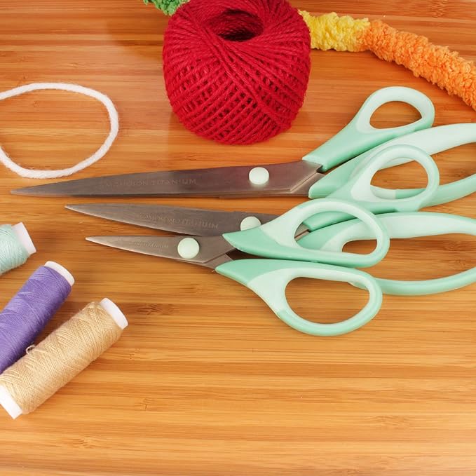 BambooMN Titanium Softgrip Scissors Set for Sewing, Arts, Crafts, Office - 30 Sets of 3 - Mint Green w/Light Inlays