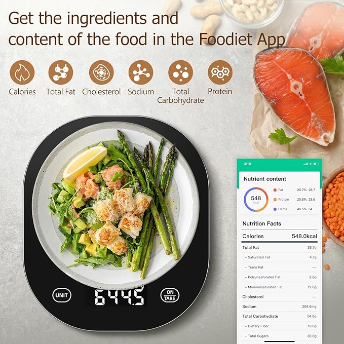 Arboleaf Smart Food Kitchen Scale, 22lb Digital Food Scale with Nutritional Calculator, Smart Kitchen Weighing with App for Macro, Keto, Calorie, Cooking, Grams and Ounces, 0.1oz/0.5g，Black