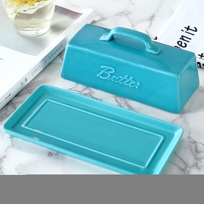 Bruntmor Porcelain Butter Keeper With Handle Cover, French Butter Dish Ceramic Butter Holder Container for Countertop, Butter Dish with Lid, Teal