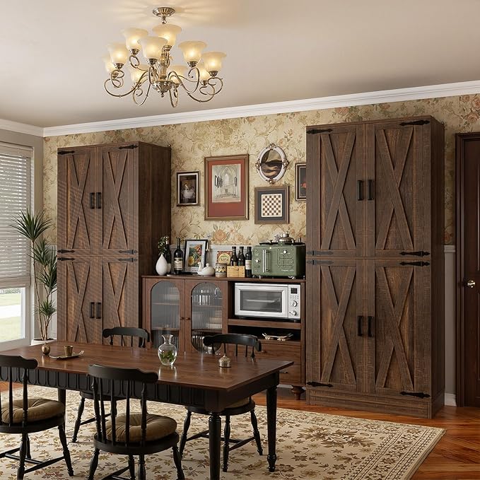Unikito Kitchen Pantry Cabinet with Farmhouse Barn Doors and Storage Drawer, 8 Adjustable Shelves, Freestanding Tall 71" Cupboard for Dining Room, Living Room, Utility Room, Weathered Brown 2 Pack
