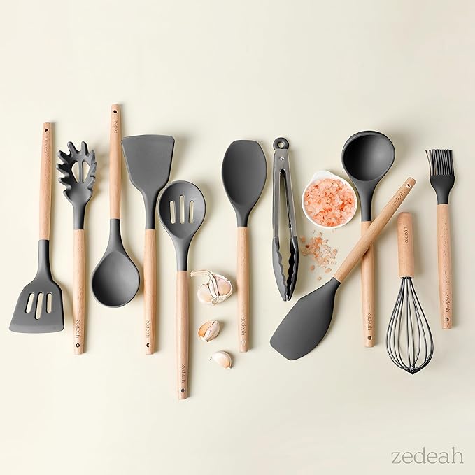 11-Piece Silicone Kitchen Utensils Set with Non Toxic Spatula, Tongs, Whisk, Turner & Ladle – Heat Resistant, Non-Scratch Cooking Tools with Wooden Handles, BPA-Free, Dishwasher Safe (Black)