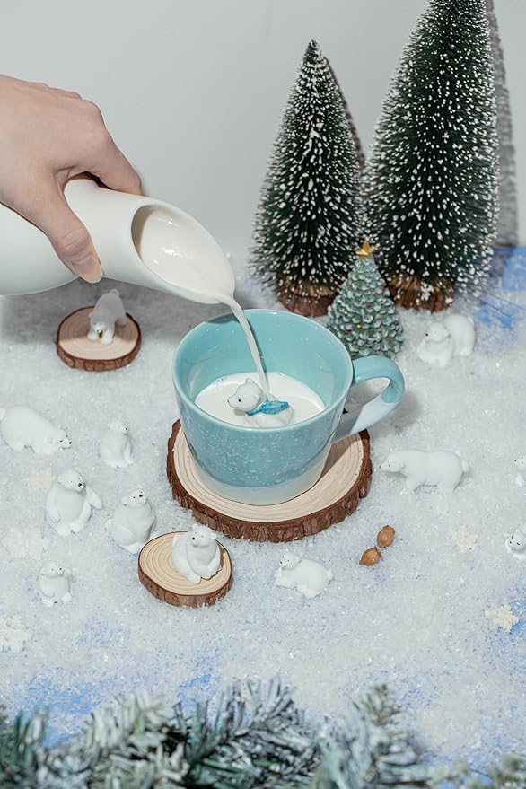 DIHOclub Skiing Polar Bear Ceramic Cup Hidden Animal Inside Mug Cute Cartoon Handmade Figurine Mugs,Holiday and Birthday Gift for Coffee Milk Tea Lovers,12 OZ(Blue White)