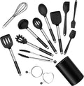 Silicone Cooking Utensils Set, E-far 14-Piece Black Kitchen Utensils Set with Holder, Kitchen Tools Spatulas with Stainless Steel Handle for Non-stick Cookware, Heat Resistant & Dishwasher safe