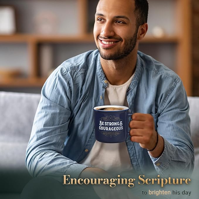 Christian Art Gifts Inspirational Ceramic Coffee & Tea Scripture Mug for Men & Women: Strong & Courageous Bible Verse, Microwave & Dishwasher Safe Non-toxic Beverage Cup, Dark Navy Blue/White, 13 oz.