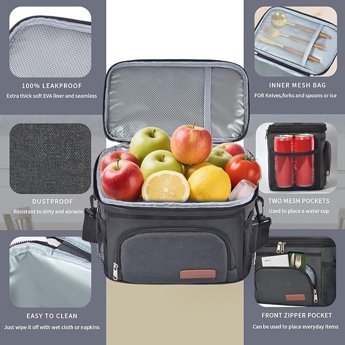 ExtraCharm Insulated Lunch Bag for Women/Men - Reusable Lunch Box for Office Picnic Hiking Beach - Leakproof Cooler Tote Bag Organizer with Adjustable Shoulder Strap for Adults - Black