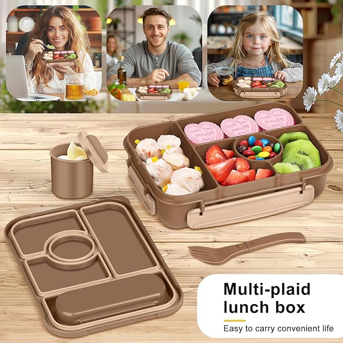 Bento Box Adult Lunch Box Kids,Lunch Containers for Adults/Kids/Toddler,5 Compartments Bento Lunch Box with Sauce Vontainers,Microwave & Dishwasher & Freezer Safe,BPA-Free (Brown)