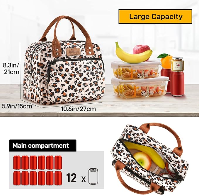 HOMESPON Lunch Bag for Woman Man Adults with Front Pocket Insulated Lunch Tote Lunch Box Container for Work Picnic or Travel(Leopard)