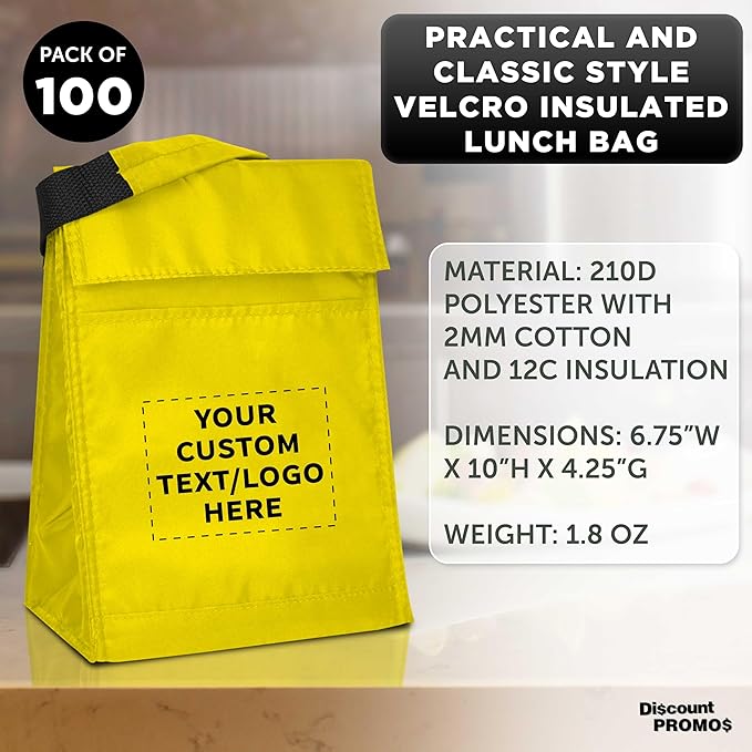 DISCOUNT PROMOS 100 Hook and Loop Insulated Lunch Bags Set - Customizable Text, Logo - Polyester, Durable, Vibrant, Reusable - Yellow