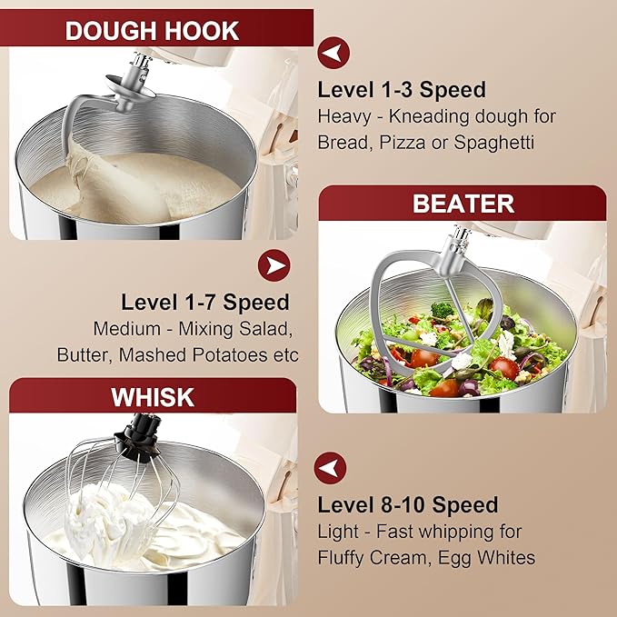 Stand Mixer, 10-Speed Kitchen Electric Mixer, 6QT Food Mixer with 8-in-1 Splash Guard, Dishwasher-Safe Dough Hook/Whisk/Beater/Spatula, Dough Mixers for Baking, Beige