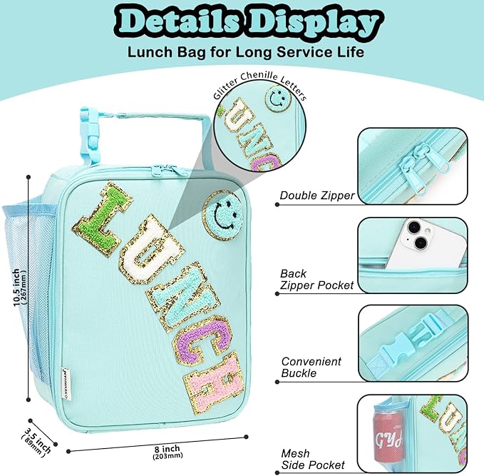FlowFly Lunch box Insulated Soft Bag Mini Cooler Back to School Thermal Meal Tote Kit With Buckle and Mesh Side Pocket for Girls, Boys, GreenWithLetter
