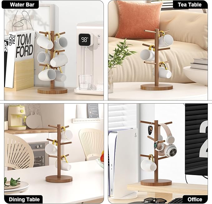 Wisuce Coffee Mug Holder, Bamboo Mug Tree with Thicker Base Coffee Cup Mug Stand for Counter, Mug Rack with 6 Hooks