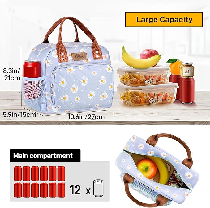 HOMESPON Lunch Bag for Woman Man Adults with Front Pocket Insulated Lunch Tote Lunch Box Container for Work Picnic or Travel(Blue Daisy)