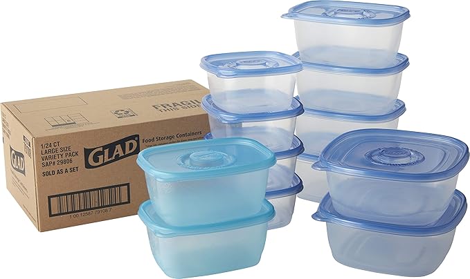 GladWare Food Storage Containers, Family Variety Pack, 24 Piece Set | With Glad Lock Tight Seal, BPA Free Containers and Lids in a Variety of Sizes to Hold and Store Food