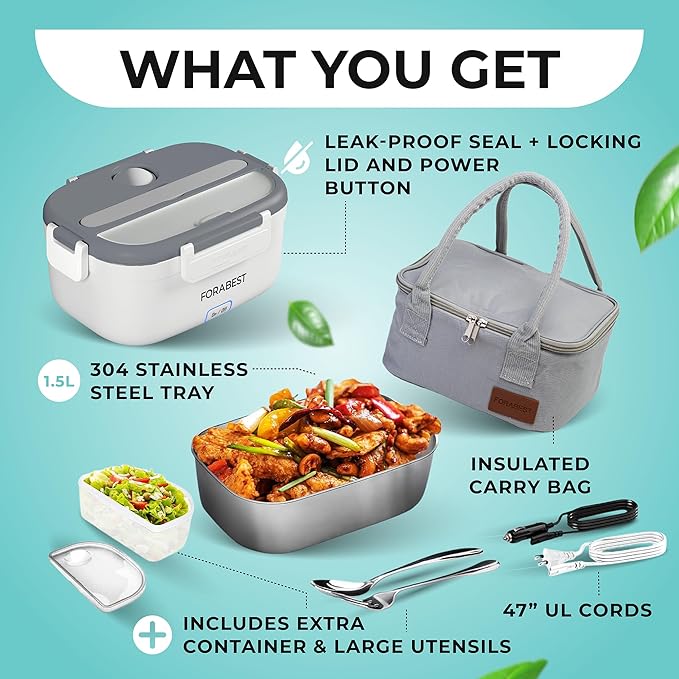 FORABEST Heated Lunch Box, 80W Electric Lunch Box for Adults, Portable Food Warmer with 1.5L Stainless Steel Container, Utensils & Carry Bag, On/Off Switch, 12V/24V Car/Truck & 110/120V Home/Office