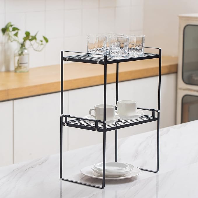 2pk Kitchen Cabinet Shelf Counter Organizer Rack Pantry Storage Bathroom Bedroom Office Table Desk Space Saving Steel Frame Stackable Rust Resistant Non Slip Black-Tall-L13in W8.3in H9.5in