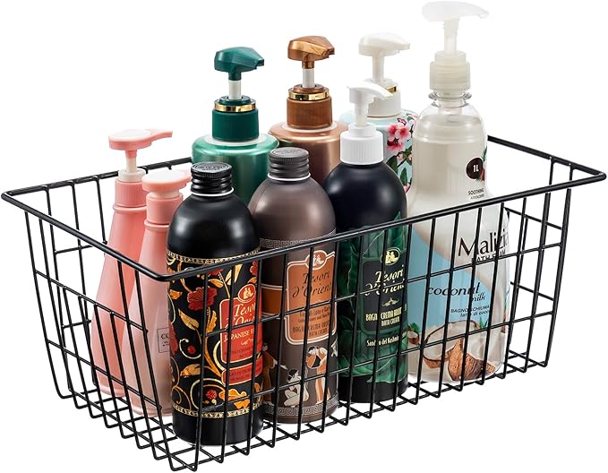 iPEGTOP Wire Freezer Stroage Baskets, 13.4 inch Set of 2 Farmhouse Storage Bins Basket Freezer Storage Organizer Bins with Handles for Kitchen Cabinets, Pantry, Closets, Bedrooms, Bathrooms- Black
