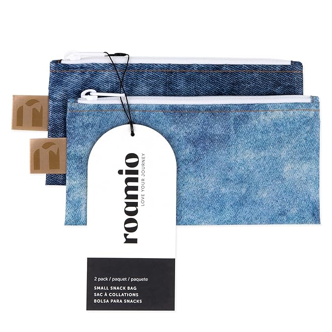 Roamio Reusable Snack Bags, for Kids School Lunch and for Adults Portion, Washable Fabric, Waterproof Cloth Zip Bag, Supplies Pack Travel Pouch, Food-Prep, Food-Safe Storage, 2-pk Faux Denim