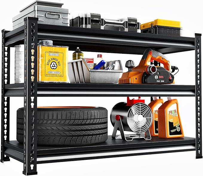 Adjustable Shelving Units and Storage, 48”W Garage Shelving Heavy Duty,1500LBS Loads 3-Tier Garage Storage Shelves, Metal Shelves for Living Room,Pantry,48”W×16”D×36”W,Black
