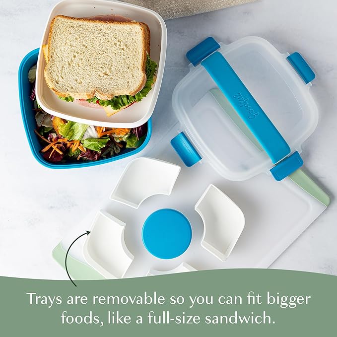 Goodful Stackable Lunch Box Container, Bento Style Food Storage with Removeable Compartments for Sandwich, Snacks, Toppings & Dressing, Leak-Proof and Made without BPA, 56-Ounce, Blue