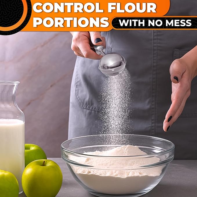 Flour Shaker Duster – 304 Stainless Steel Flour Duster for Bread Baking with Spring Handle – Cocoa, Cinnamon, Spices & Powdered Sugar Shaker Duster with One-Handed Operation | Dishwasher Safe