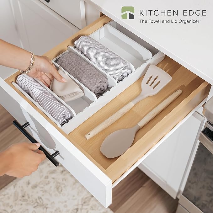 KitchenEdge Bamboo Kitchen Towel and Food-Storage Organizer, Perfect for Kitchen Drawers, Cabinets, Pantry, 5 Adjustable Wall Inserts, Non-Slip Feet, Organize Food Containers, Food-Safe White Finish