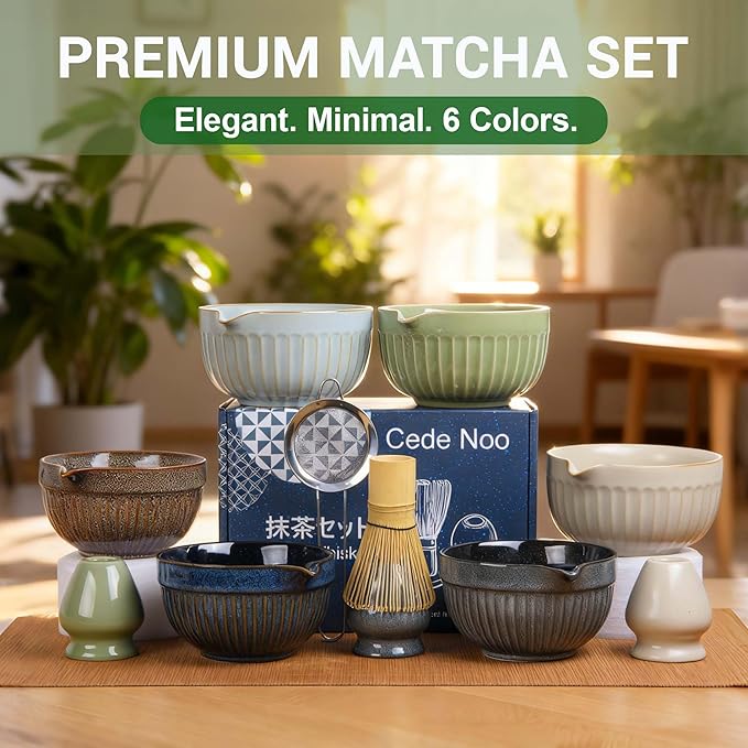 Matcha Whisk Set, Japanese Tea Ceremony Kit, 18oz Spout Bowl, Bamboo Whisk Scoop, Ceramic Holder Sifter Towel,7 pcs Matcha Tea Kit for Matcha Lovers, Christmas, Birthday Gift(Sky Blue)