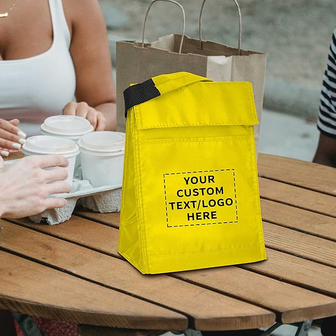 DISCOUNT PROMOS 50 Hook and Loop Insulated Lunch Bags Set - Customizable Text, Logo - Polyester, Durable, Vibrant, Reusable - Yellow
