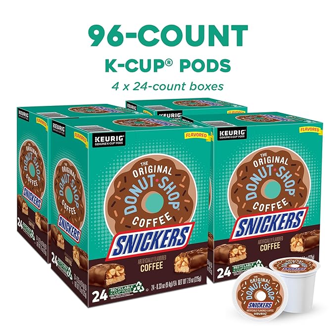 The Original Donut Shop Snickers Coffee, Keurig Single Serve K-Cup Pods, Flavored Coffee, 96 Count (4 Packs of 24)
