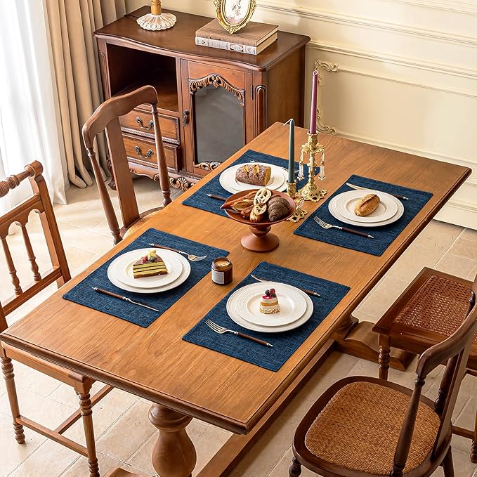 KXN Placemats Set of 8, Dual-Layer Thickened Faux Linen Table Mats, Heat Resistant & Wrinkle-Free, Machine Washable Cloth Place Mats for Kitchen Dining Indoor Outdoor (Navy Blue)