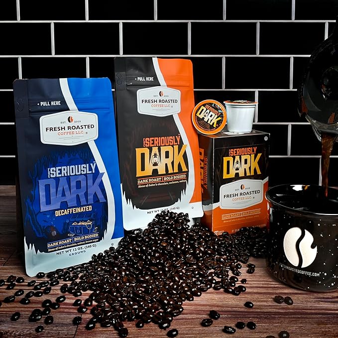 Fresh Roasted Coffee,Seriously Dark Decaf Artisan Blend,12 oz Dark Roast, Kosher, Whole Bean