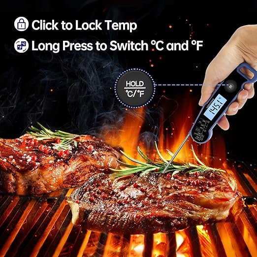 Lonicera Digital Meat Thermometer for Food Cooking. Instant Read Within 1 Sec and ±0.9℉Accuracy with Thermocouple Sensor. IP67 Waterproof, Auto-Rotating Display, Auto Wake up (Blueberry)