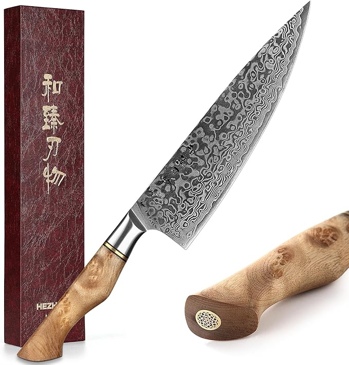 HEZHEN Chef's Knife-Professional-8.3 inch Damascus Steel, Kitchen Knife VG10 Gyuto Knife-Master Series Chef Cooking Tool at Home,Restaurant-Figured Sycamore Wood Handle