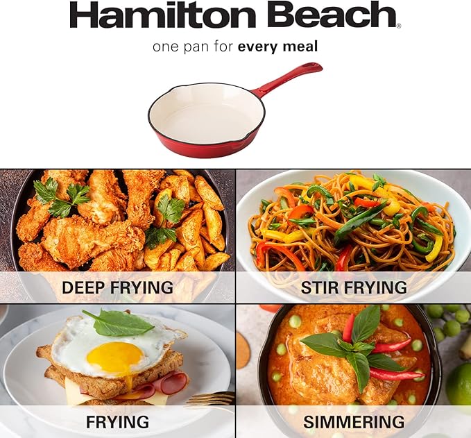 Hamilton Beach Enameled Cast Iron Fry Pan 8-Inch Red, Cream Enamel coating, Skillet Pan For Stove top and Oven, Even Heat Distribution, Safe Up to 400 Degrees, Durable