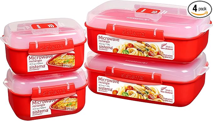 Sistema Microwave Food Storage Containers with Steam Release Vent, Dishwasher Safe Red
