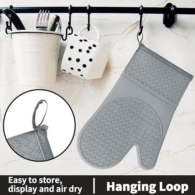 Hovico Silicone Oven Mitts, Heat Resistant 500F Kitchen Mitts 2PCS, 11.6" BPA-Free Soft Baking Gloves, Non-Slip Grip Oven Gloves with Soft Cotton Lining for Kitchen Cooking Baking BBQ - Gray