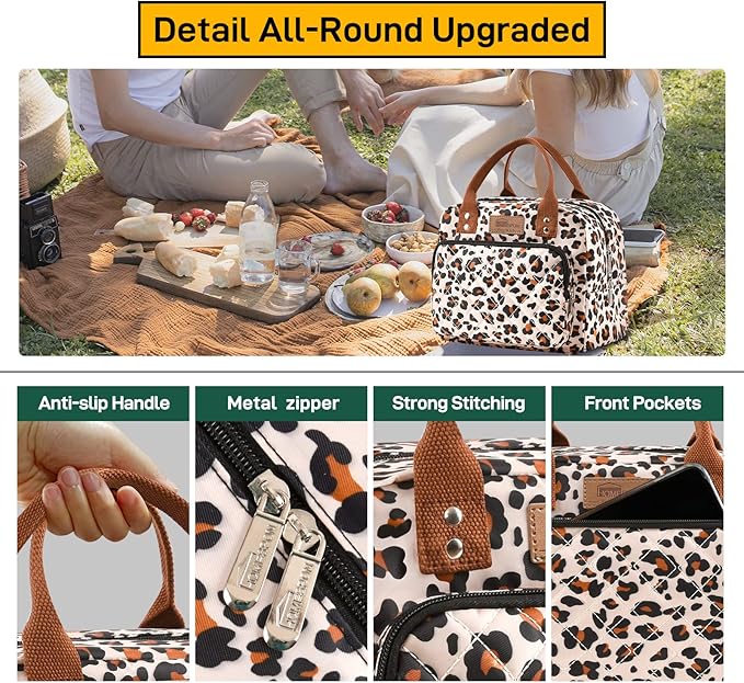 HOMESPON Lunch Bag for Woman Man Adults with Front Pocket Insulated Lunch Tote Lunch Box Container for Work Picnic or Travel(Leopard)