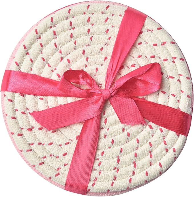 Kitchen Potholders Set Trivets Set 100% Pure Cotton Thread Weave Hot Pot Holders Set (Set of 3) Stylish Coasters, Hot Pads, Hot Mats, Spoon Rest For Cooking and Baking by Diameter 7 Inches (Pink)