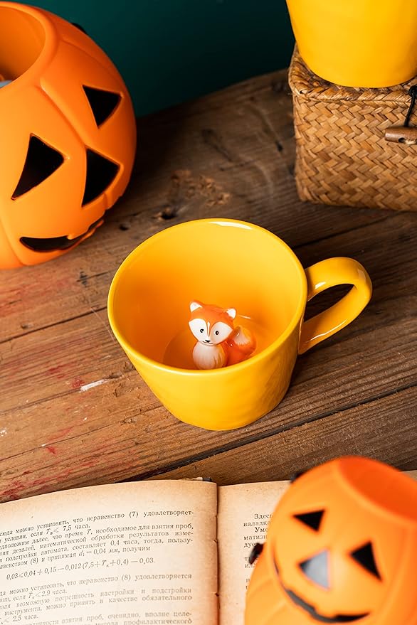 DIHOclub Fox Ceramic Cup Hidden 3D Animal Inside Mug,Cute Cartoon Handmade Figurine Mugs,Holiday and Birthday Gift for Coffee Milk Tea Lovers,12 OZ(Yellow)