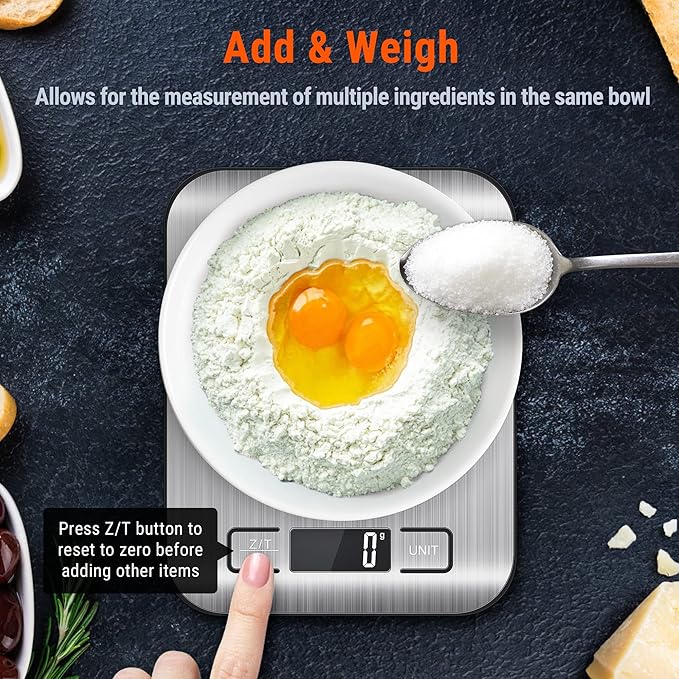 AccuWeight 211 Digital Kitchen Food Scale for Cooking Baking Coffee Scale 5000g by 1g with Tare and LCD Display Food Weight Scale, 8.11×6.42×1.18" Silvery