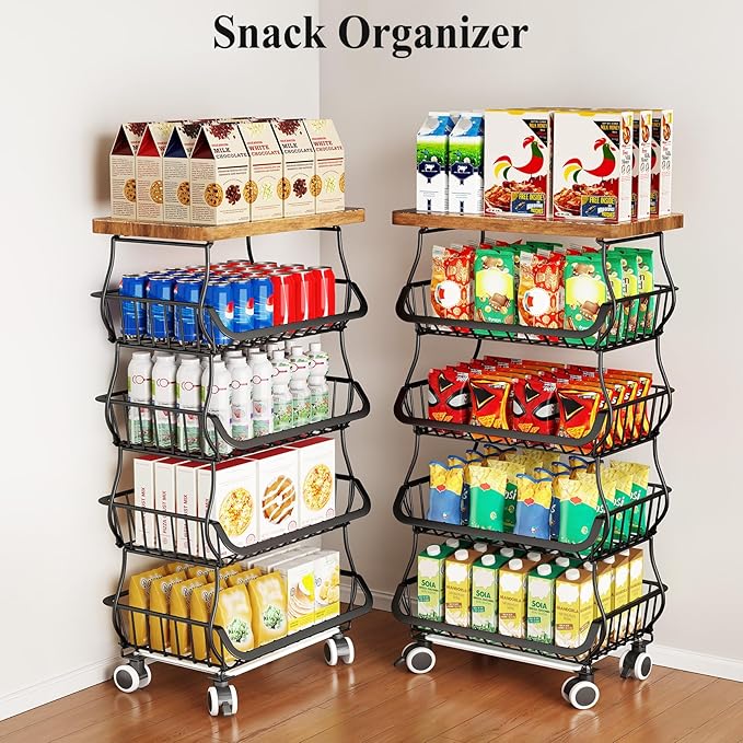 SAYZH Fruit Basket Kitchen Pantry Organizers and Storage - Wooden Top Table, Stackable Metal Wire Basket Stand Cart for Fruit Vegetable Snacks Onion Potato Organization, Black